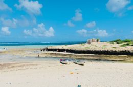 a beach with boats and people