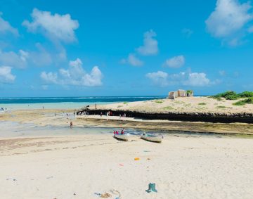 a beach with boats and people